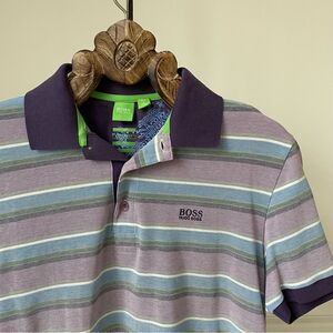 Hugo Boss Green Athleisure Pique Purple Stripe Cotton Polo Golf Shirt L